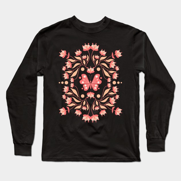 Peach Fuzz Flowers and Butterfly Long Sleeve T-Shirt by Dream Print Designs